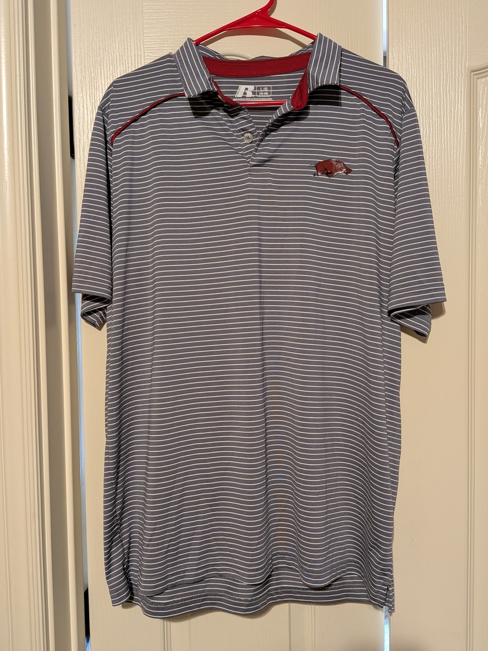 Russell Athletic Arkansas Razorbacks Grey & White Striped Polo with Red Trim